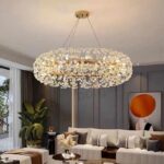 Modern K9 Crystal Hanging Chandelier Gold Luxury Living Dining Room Lustre Circular LED Hanging Lamp Indoor Lighting Decoration