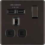 BG Nexus Flatplate Screwless Black Nickel 13A 1G Plug Socket + 2 USB (2.1A) Grey Insert | FBN21U2B